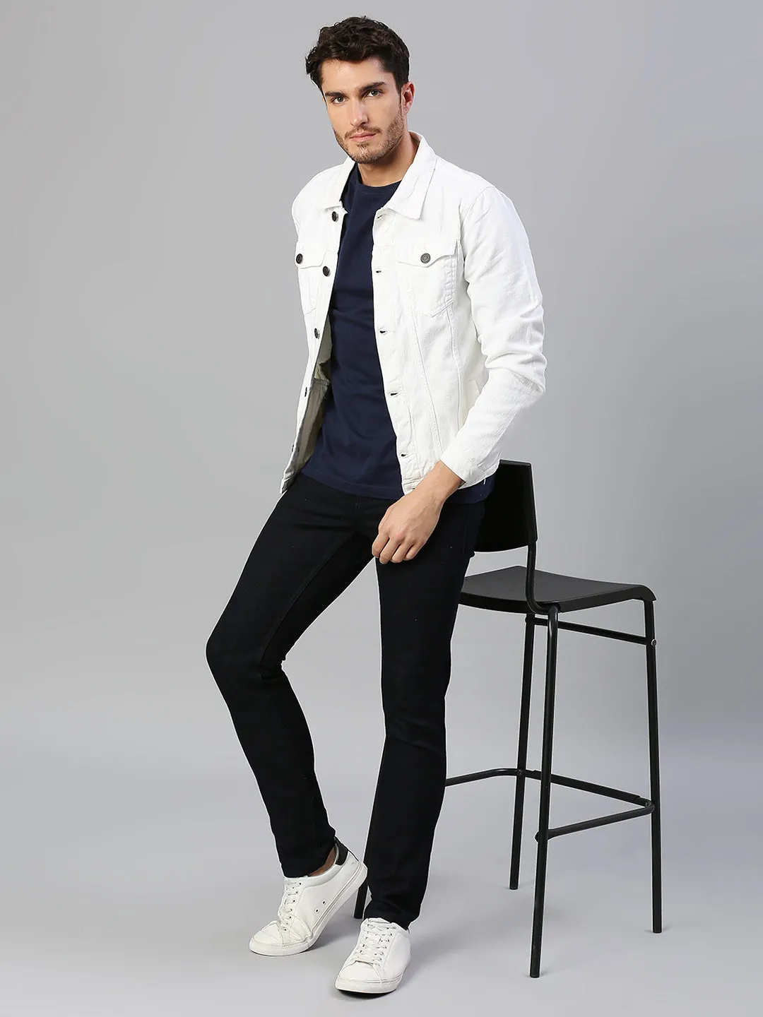 Men's Regular Fit Long Sleeve Button Down Denim Jacket (White)