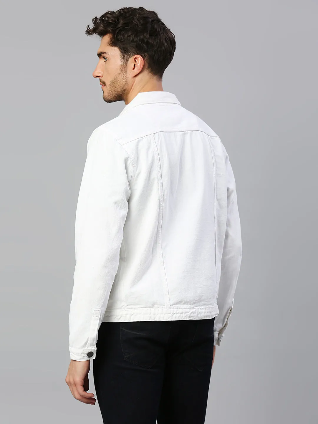 Men's Regular Fit Long Sleeve Button Down Denim Jacket (White)