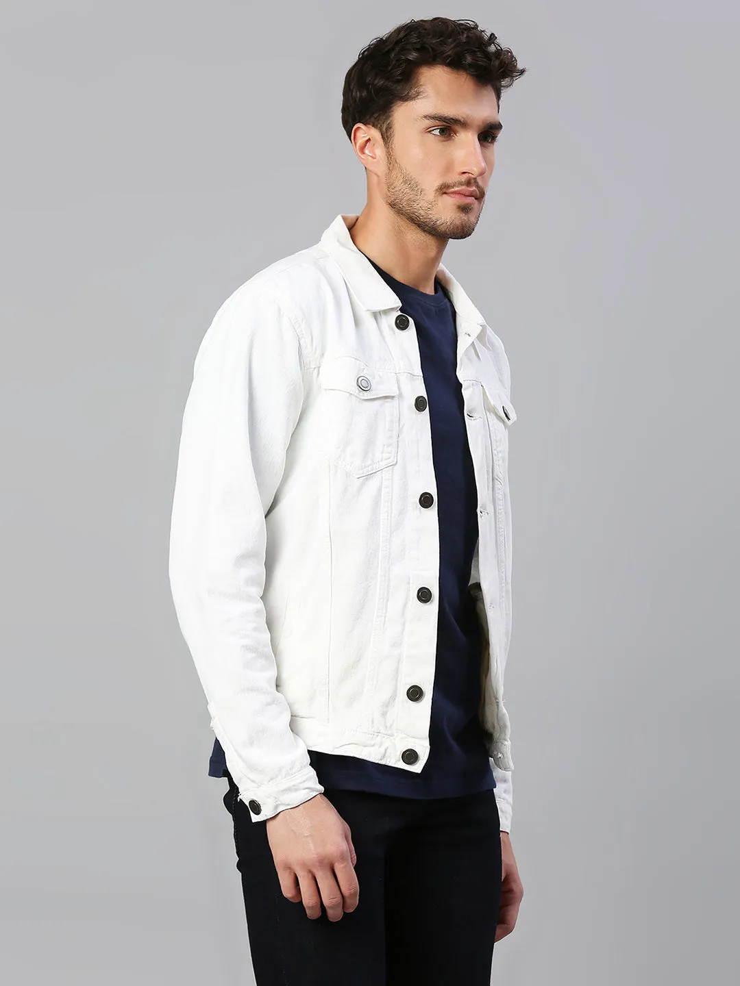 Men's Regular Fit Long Sleeve Button Down Denim Jacket (White)