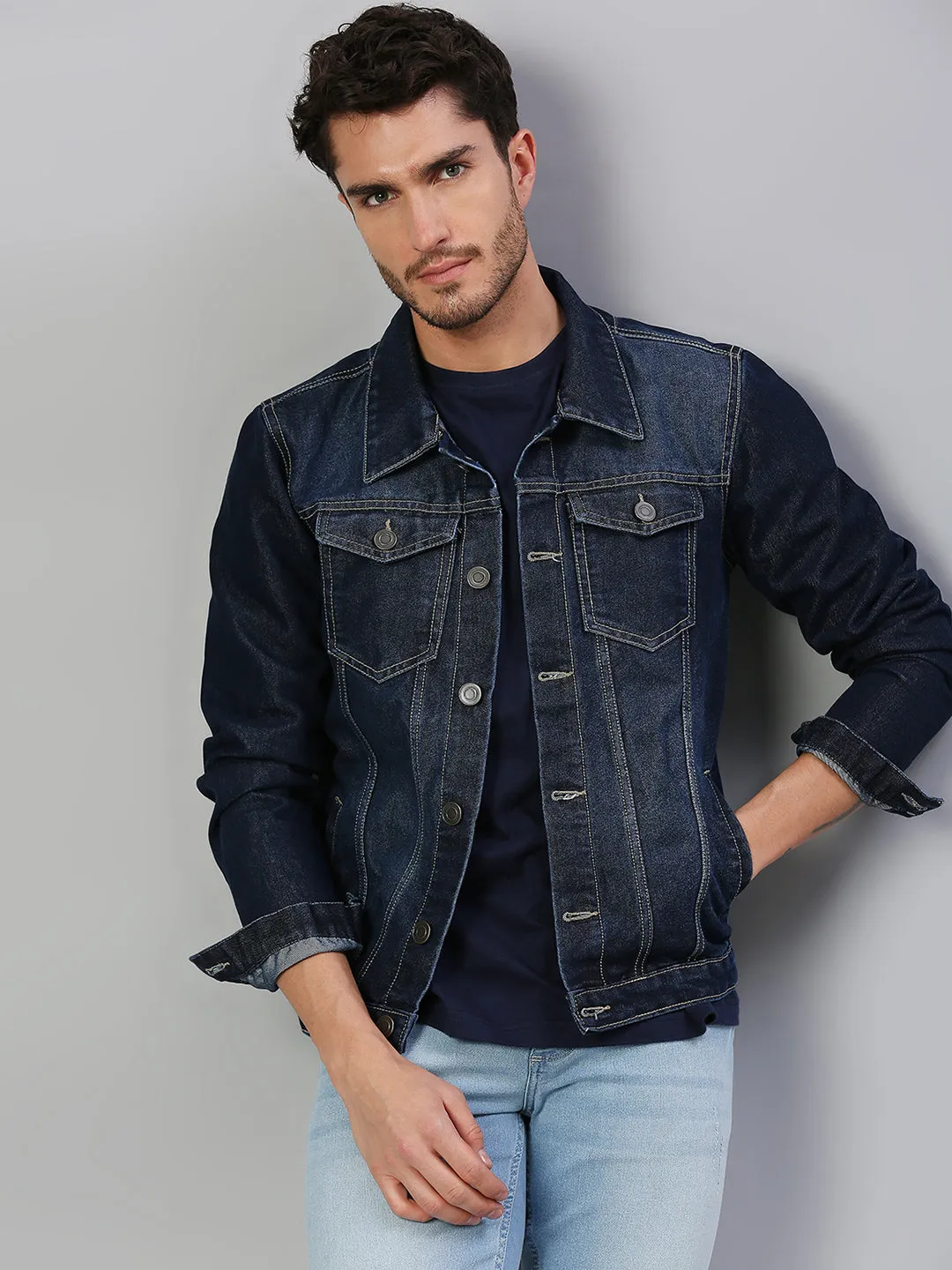 Men's Regular Fit Long Sleeve Button Down Panel Denim Jacket Lightweight Trucker Jacket (Dark Blue)