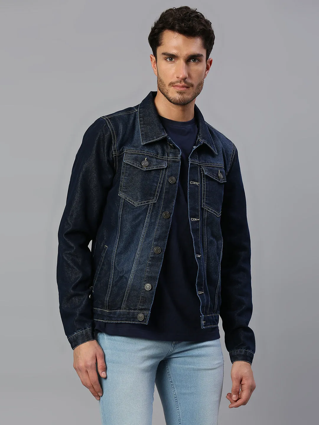 Men's Regular Fit Long Sleeve Button Down Panel Denim Jacket Lightweight Trucker Jacket (Dark Blue)