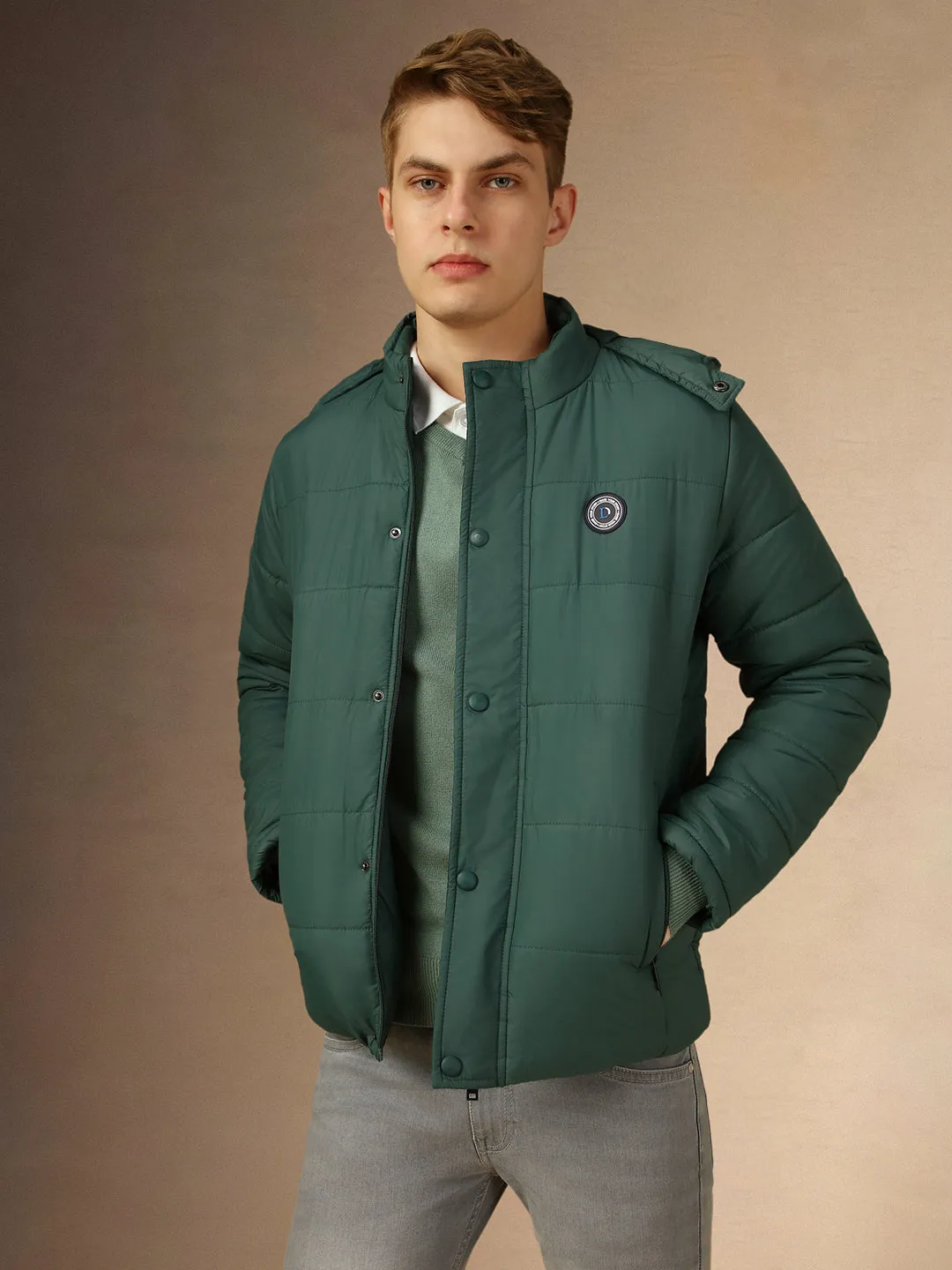 Men's Teal Hooded Full Sleeves Regular Fit Padded Jacket