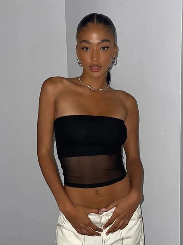 Mesh Patchwork Strapless Crop Top