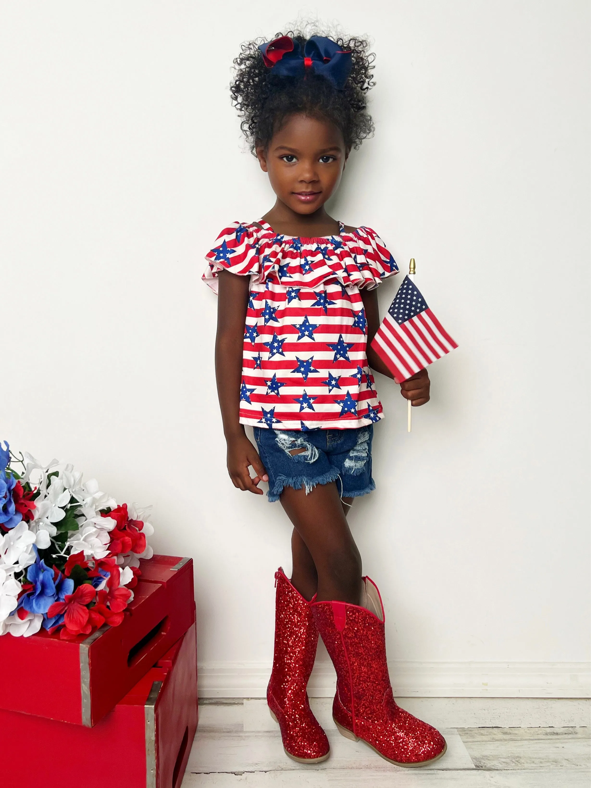 Miss Independence Top and Denim Shorts Set