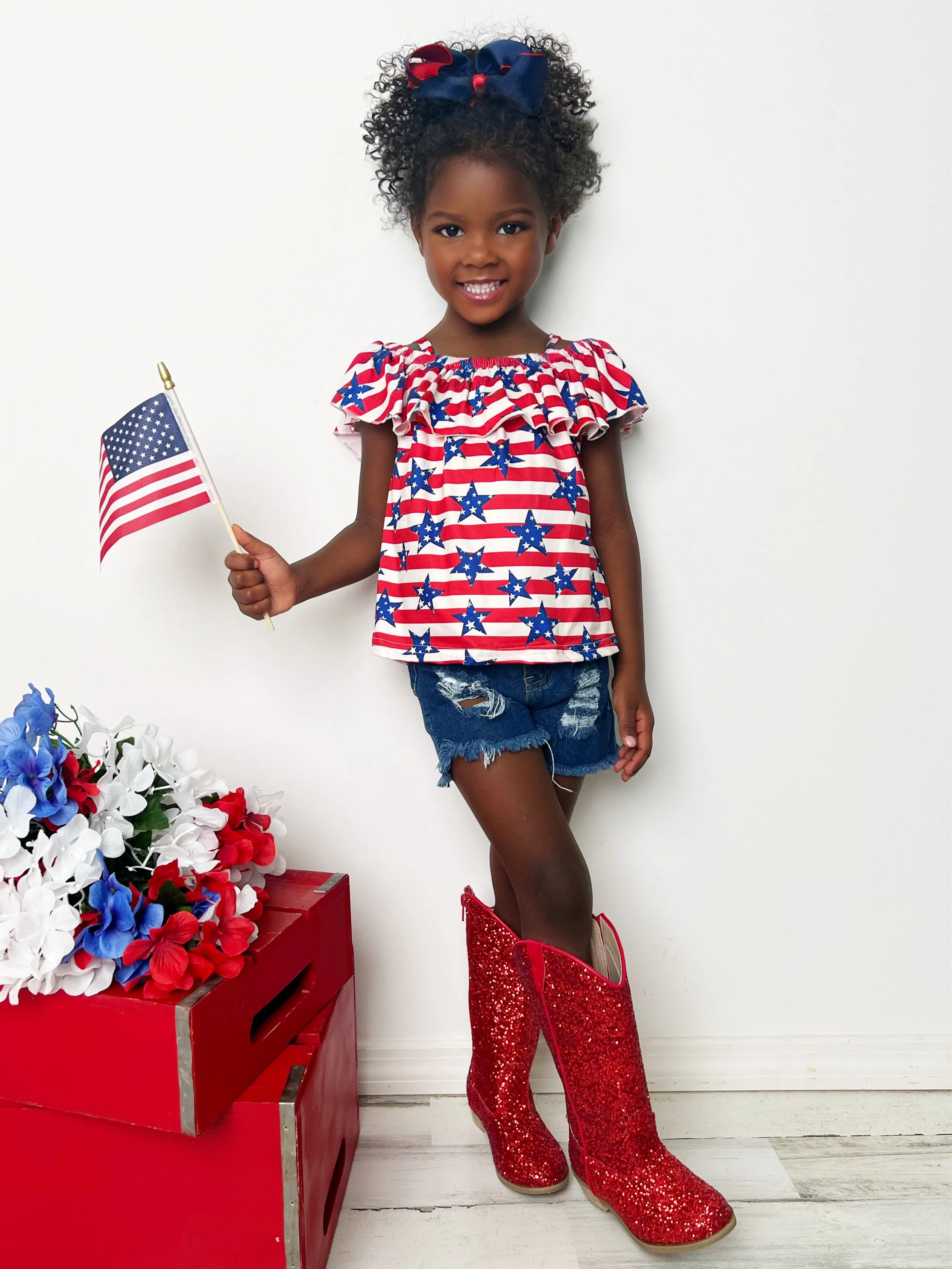 Miss Independence Top and Denim Shorts Set