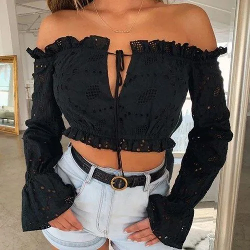 Off Should Long Sleeve Lace Top