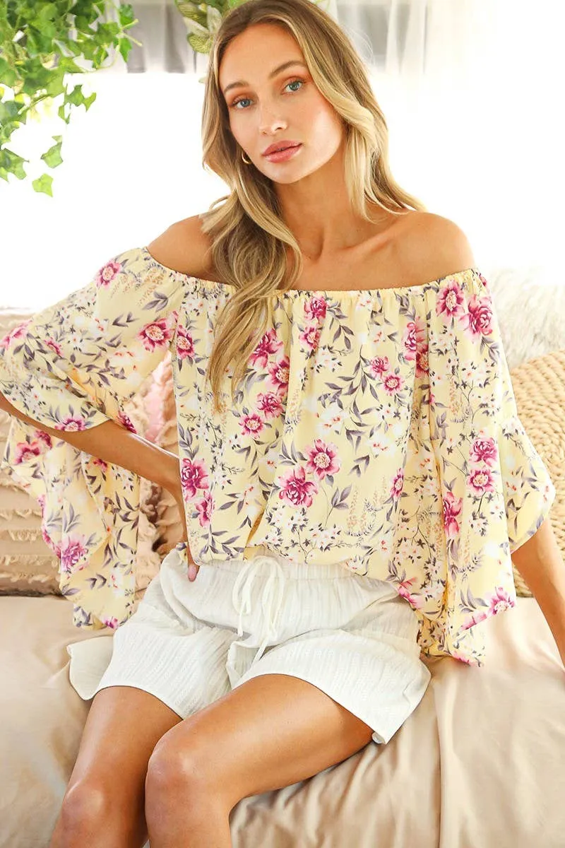 Off-Shoulder Ruffle Sleeve Floral Top