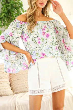 Off-Shoulder Ruffle Sleeve Floral Top