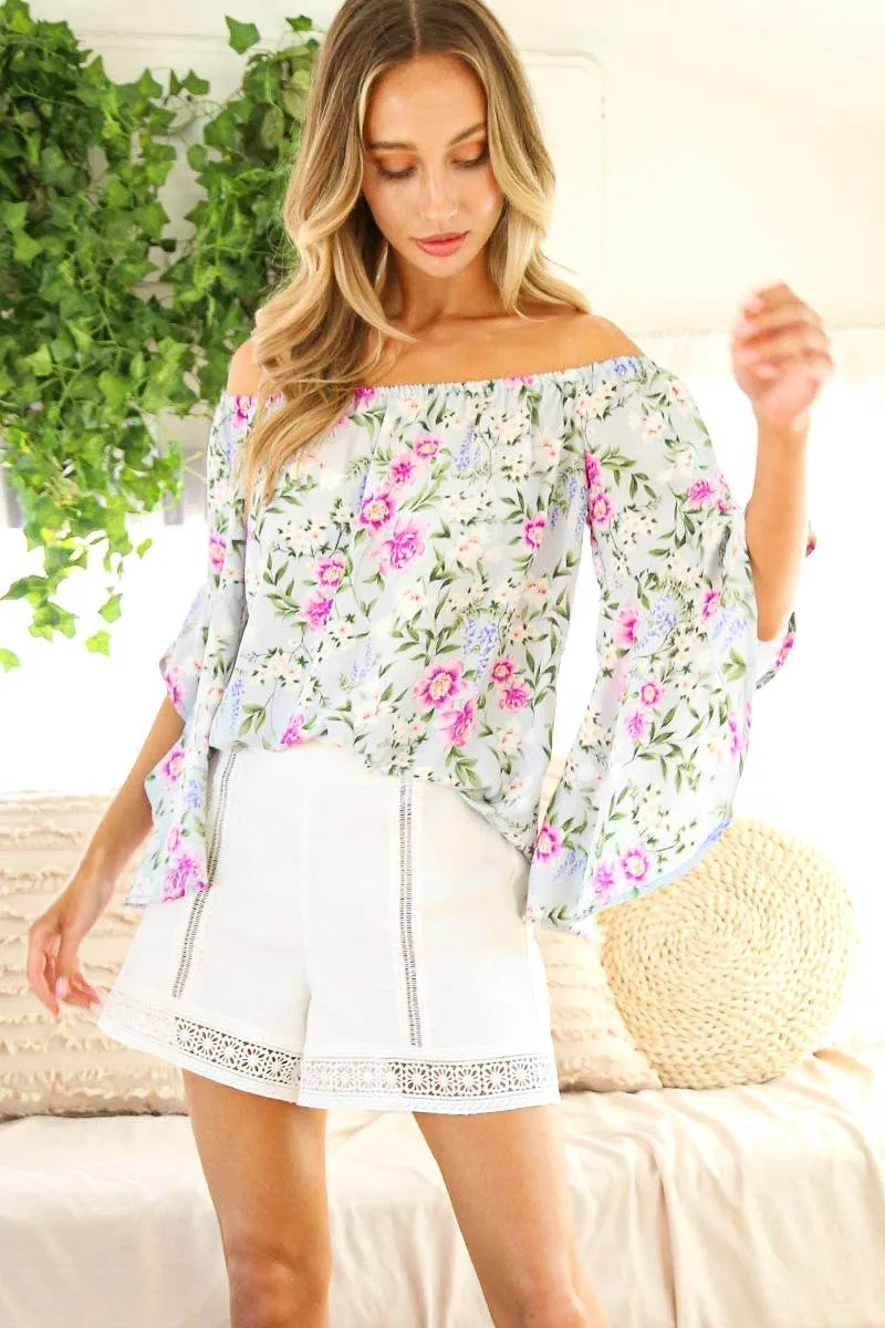 Off-Shoulder Ruffle Sleeve Floral Top