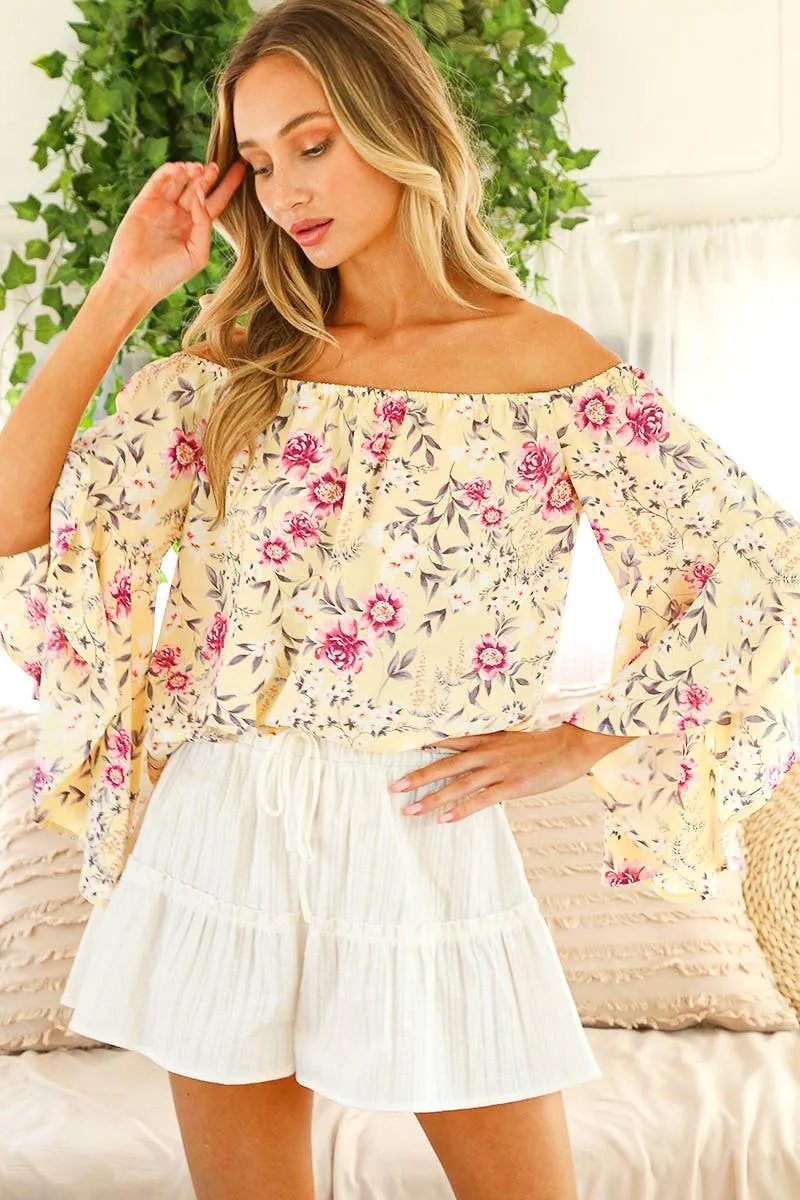 Off-Shoulder Ruffle Sleeve Floral Top