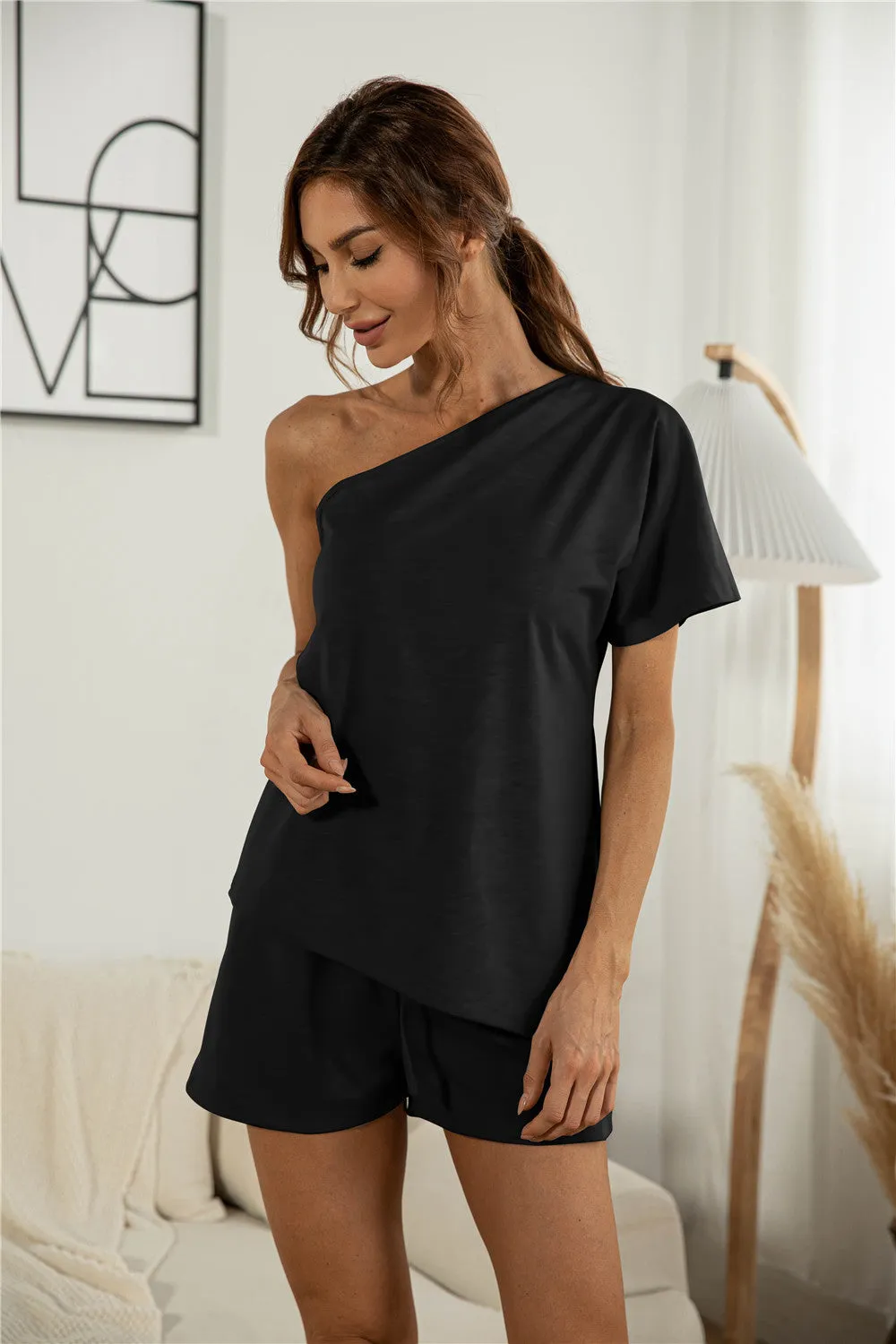 Off-the-shoulder Short Sleeve Sloping-shoulder Off The-shoulder Casual Two-piece Suit