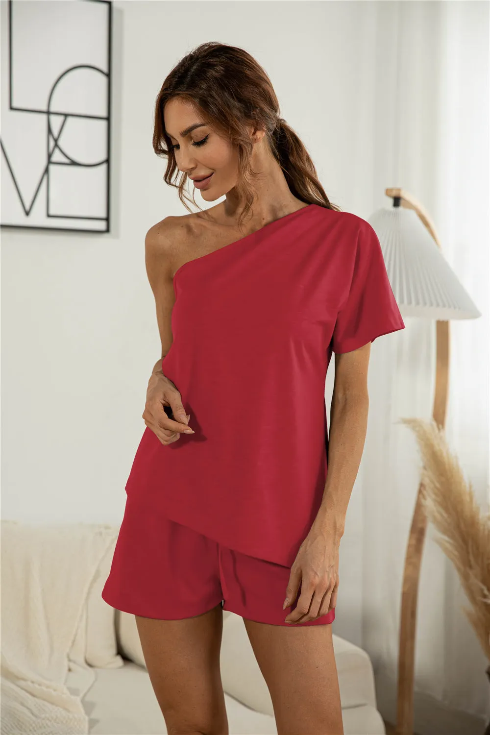 Off-the-shoulder Short Sleeve Sloping-shoulder Off The-shoulder Casual Two-piece Suit