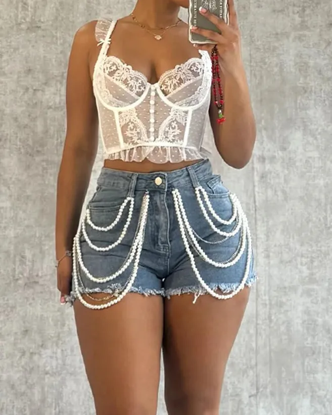 Pearl and Rhinestone Casual Denim Shorts