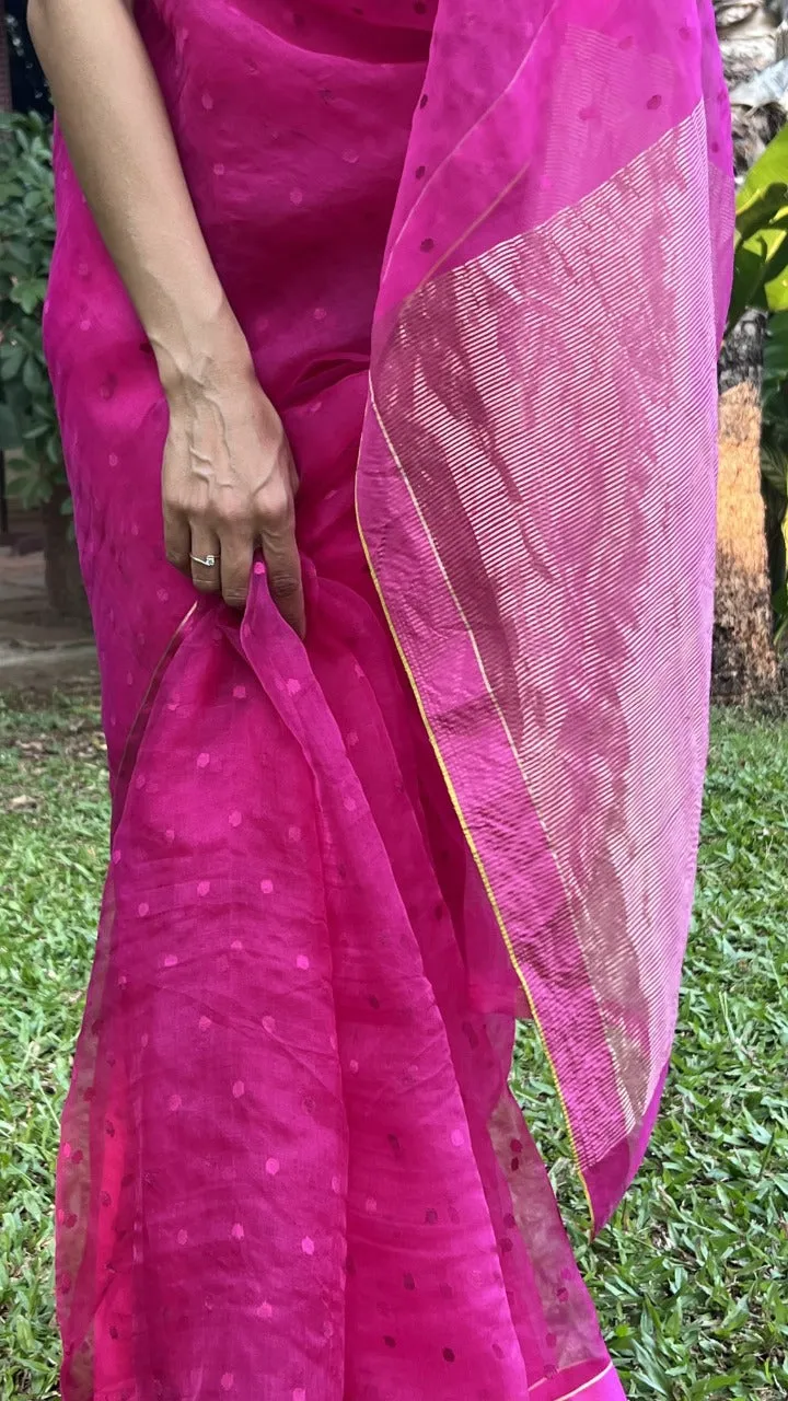 Pink Wildflower Meadow jamdani dots silk saree