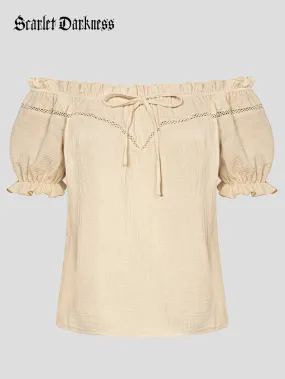 Renaissance Cotton Crew Neck Off Shoulder Lace-up Tops