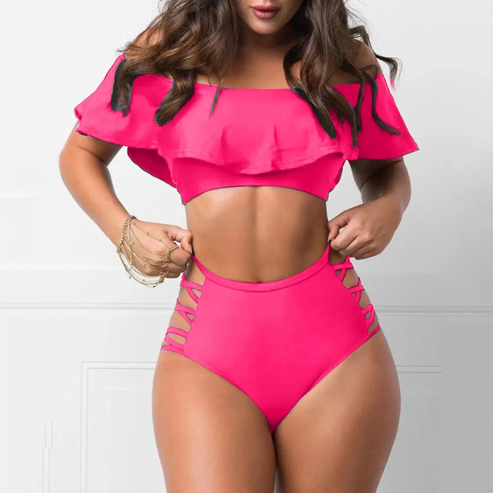 Ruffled Off Shoulder & Sexy Tight Split Bikini Sets