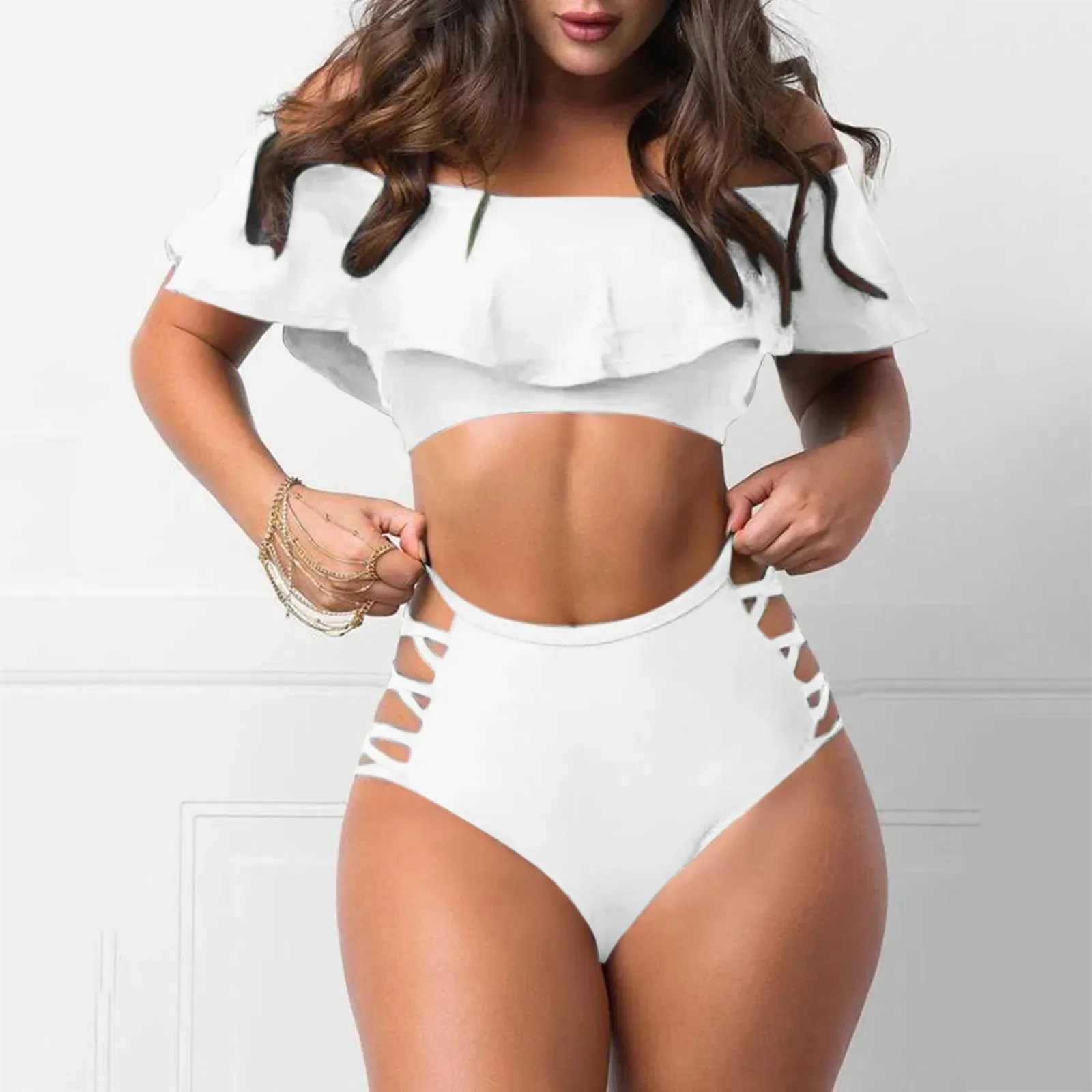 Ruffled Off Shoulder & Sexy Tight Split Bikini Sets