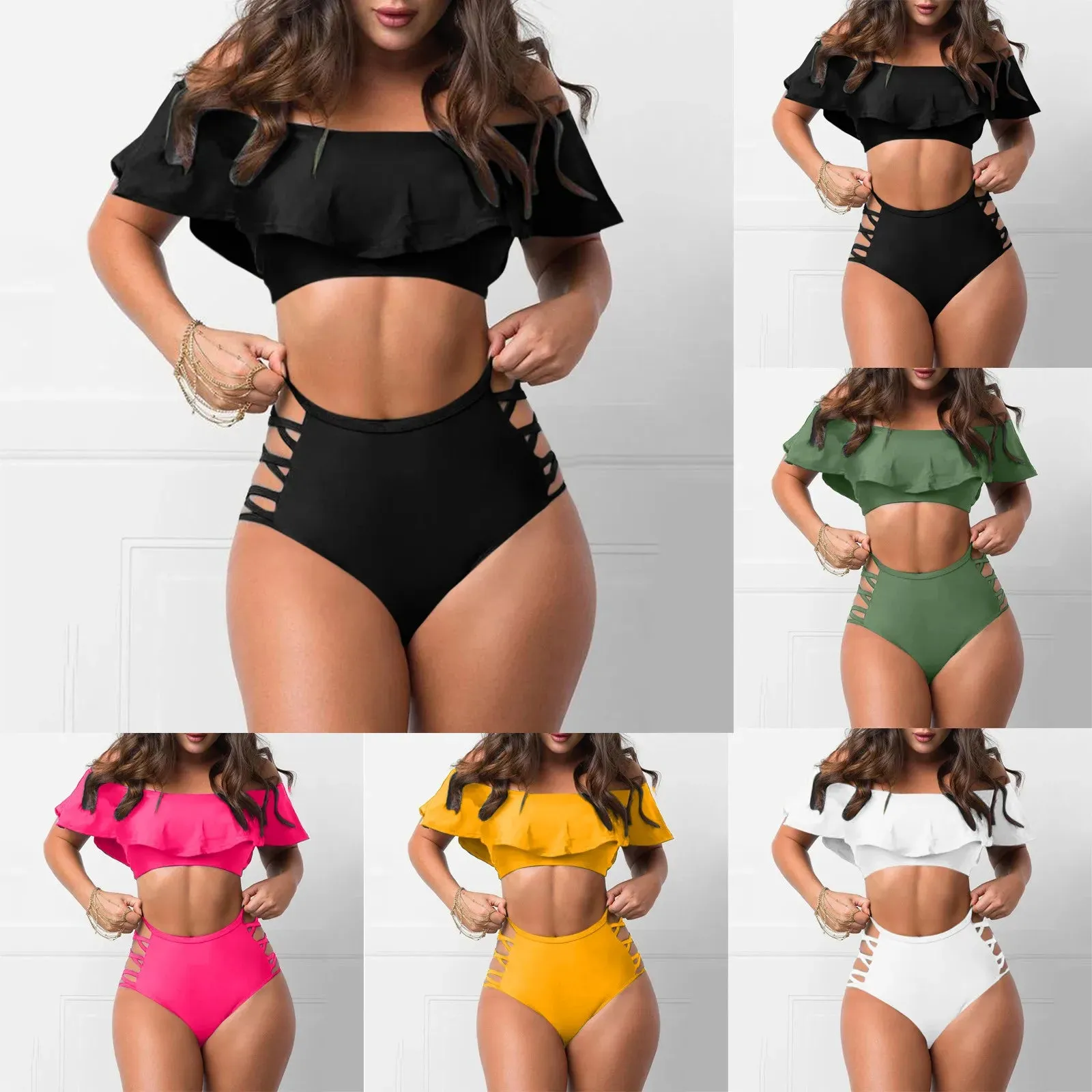 Ruffled Off Shoulder & Sexy Tight Split Bikini Sets