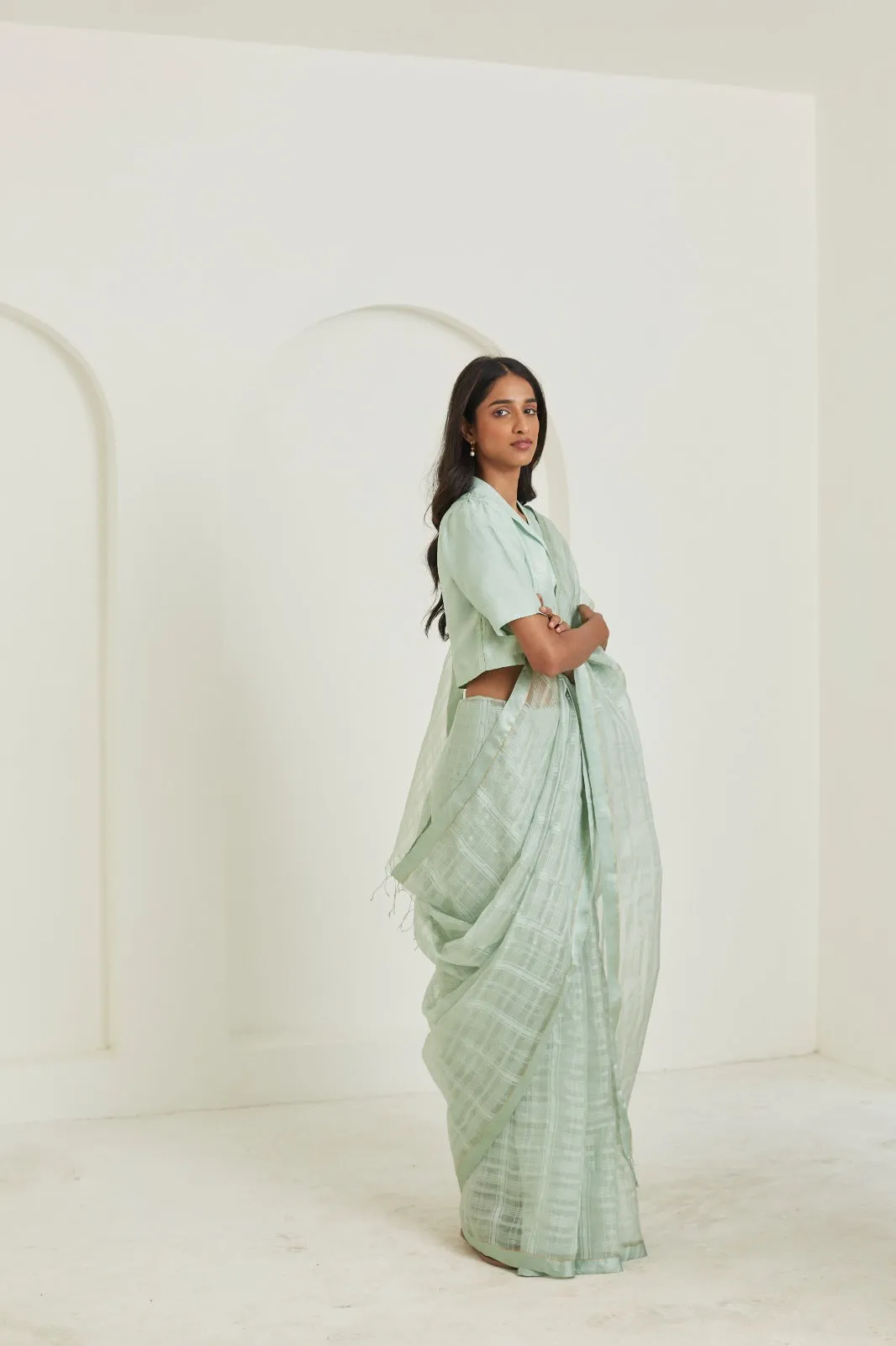 Serenity Seafoam Mulberry Organza Silk Saree