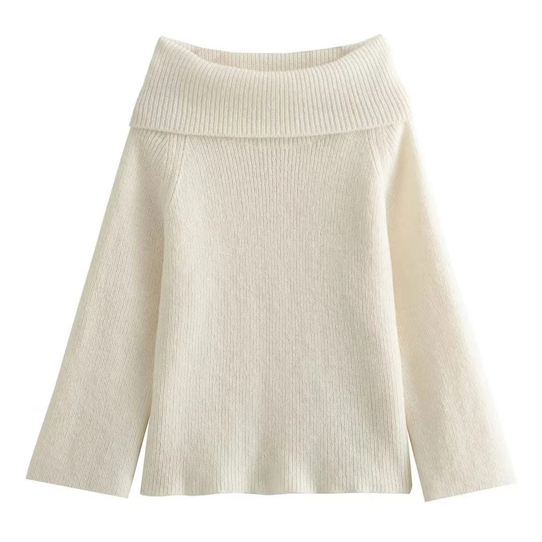 Sexy Foldover Off The Shoulder Wide Sleeve Long Ribbed Knit Sweater