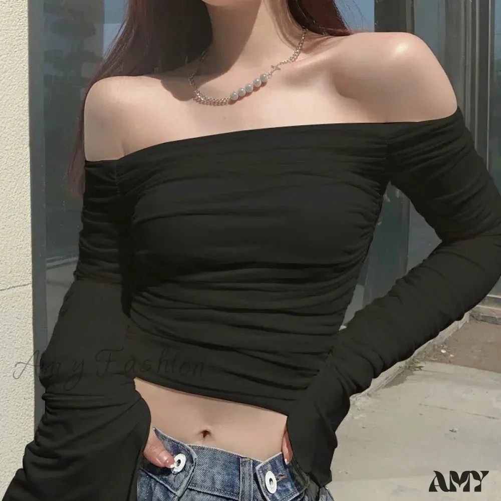 Sexy Off Shoulder Mesh Flare Long Sleeve Slim Fitting Crop Top