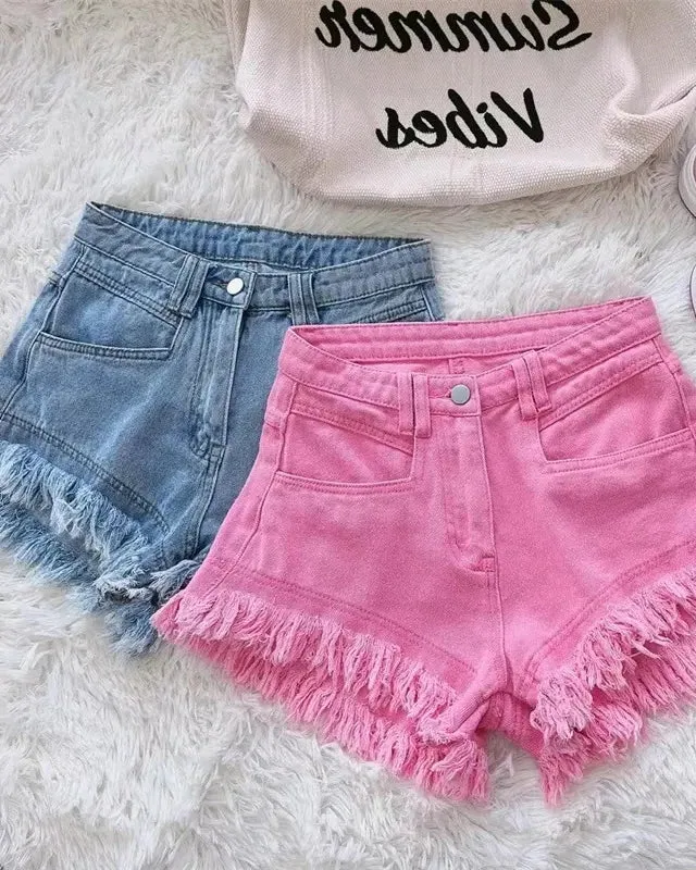 Solid Color Fringed Denim Shorts