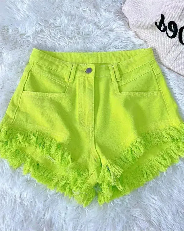 Solid Color Fringed Denim Shorts