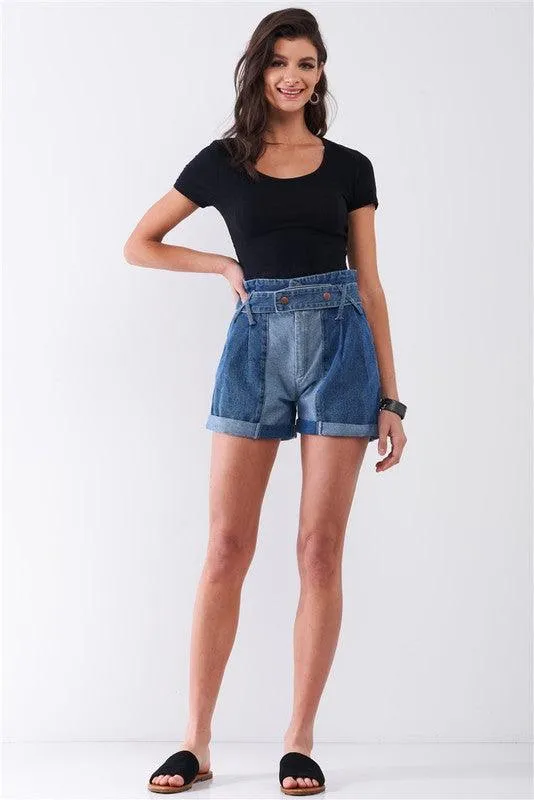 Two Tone Wash High-Waisted Cuffed Denim Mom Shorts