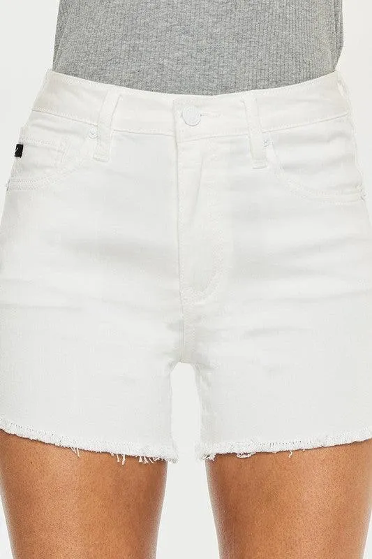 White High Rise Stretchy Frayed Hem Denim Shorts