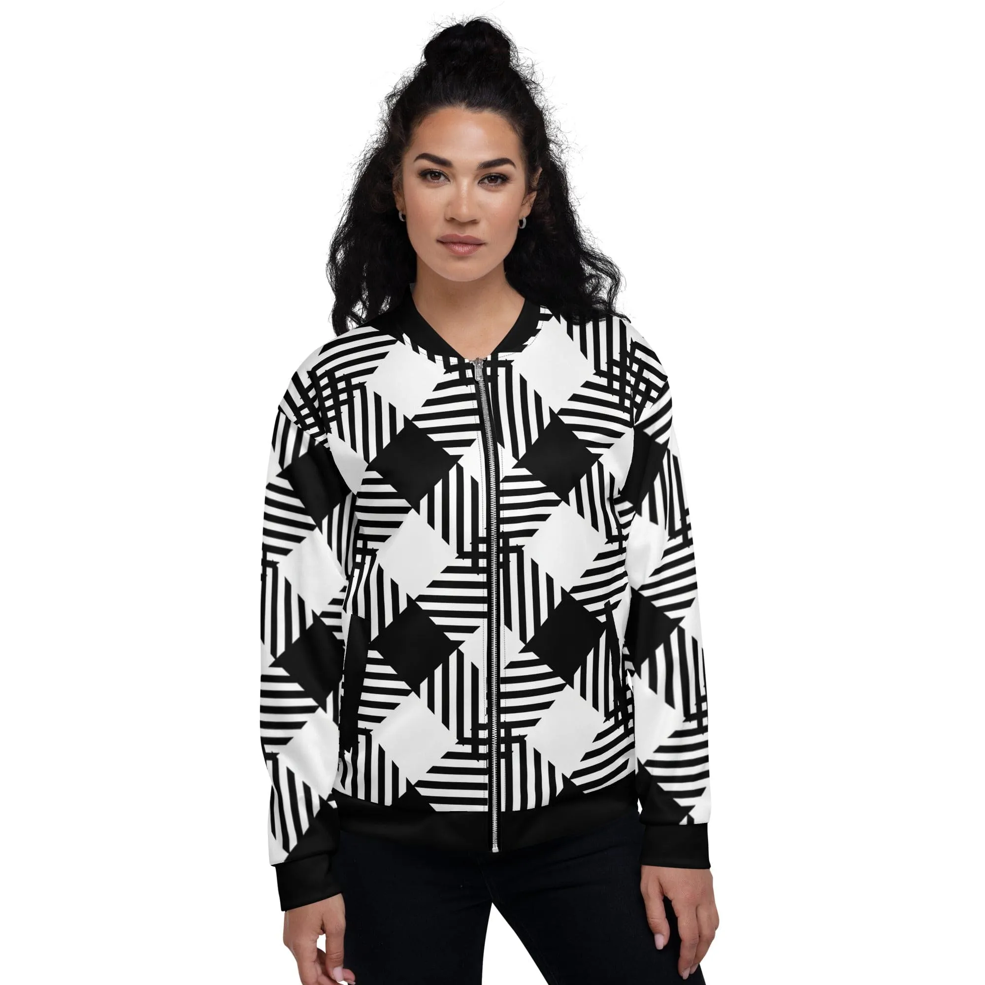 Womens Bomber Jacket - Black and White Plaid Print