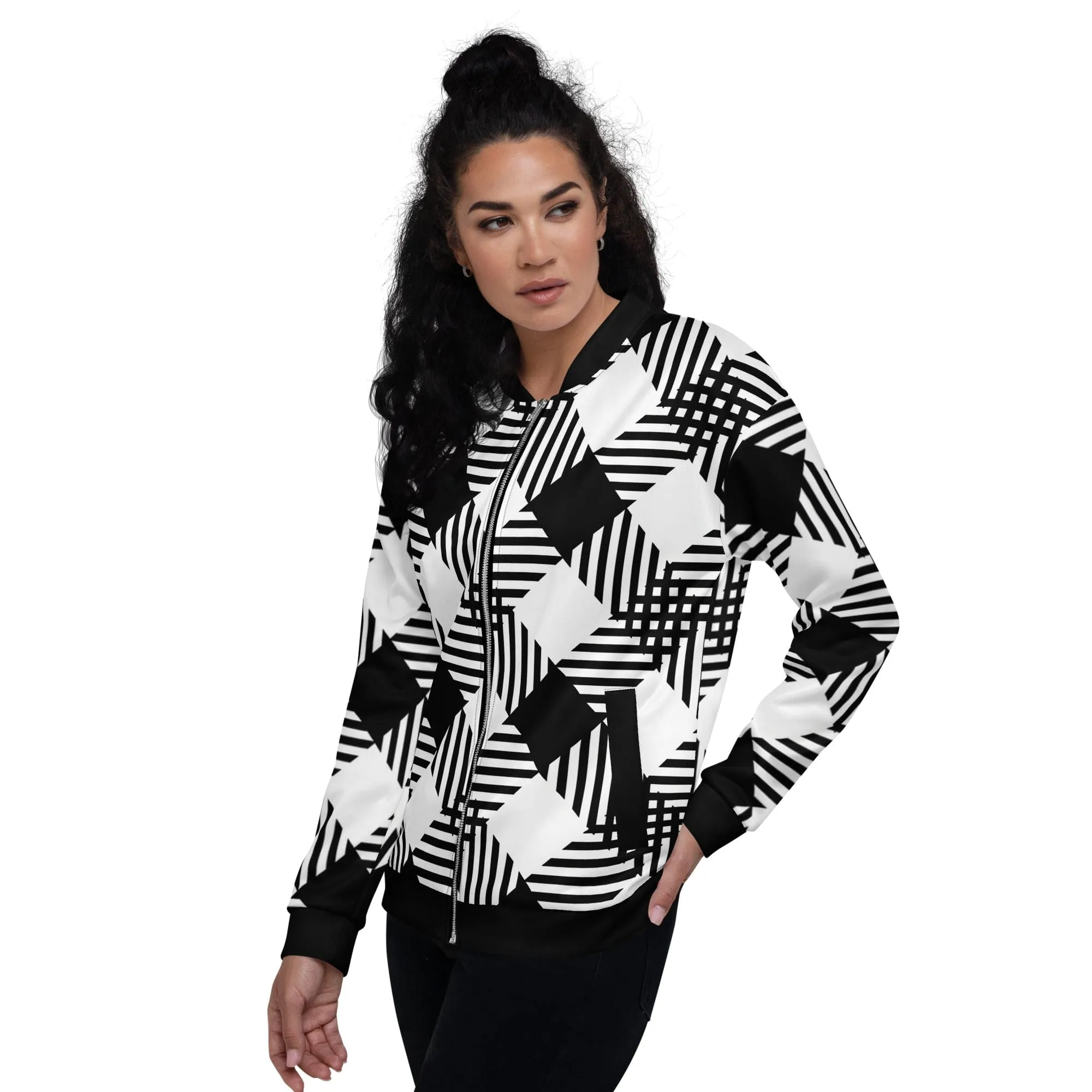 Womens Bomber Jacket - Black and White Plaid Print