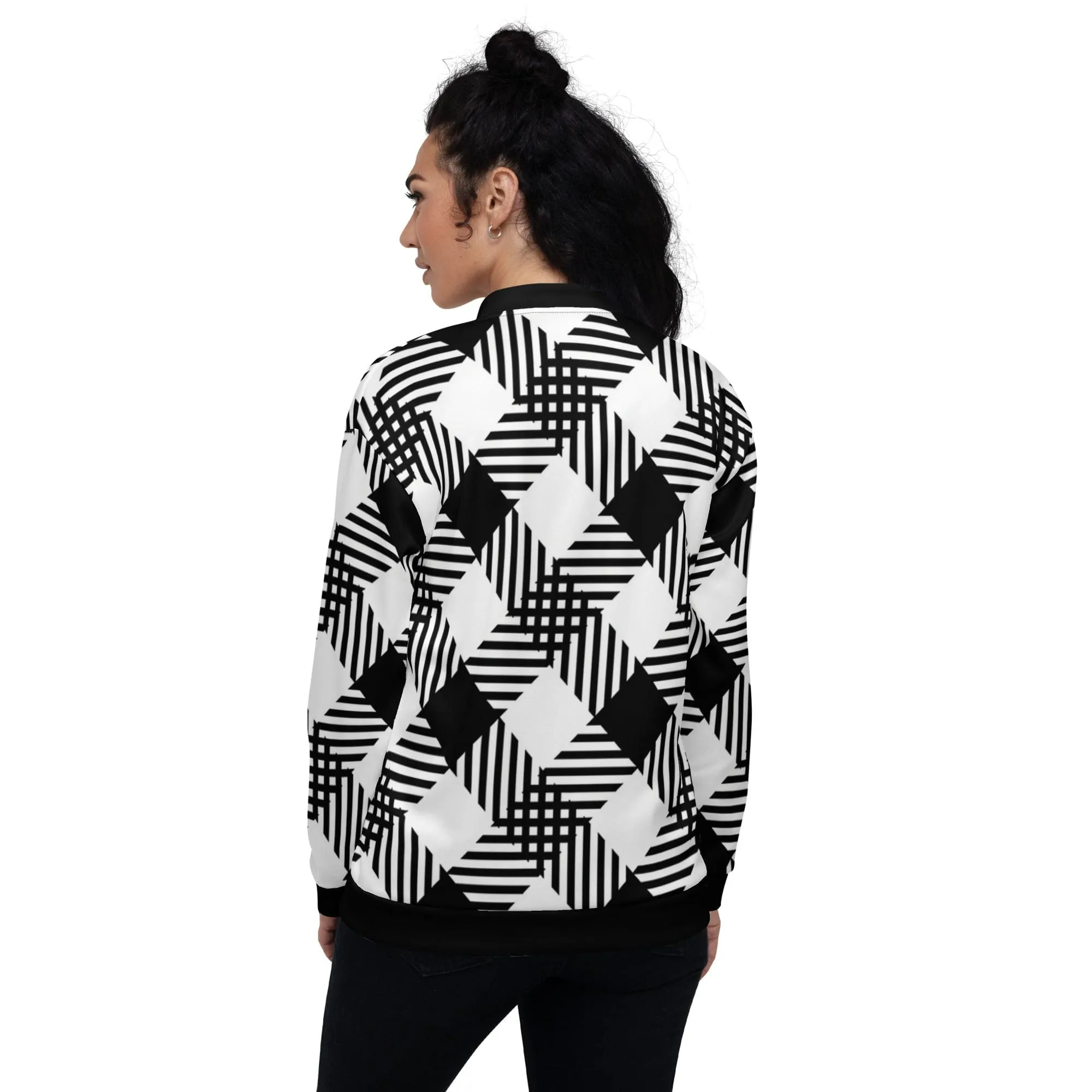 Womens Bomber Jacket - Black and White Plaid Print