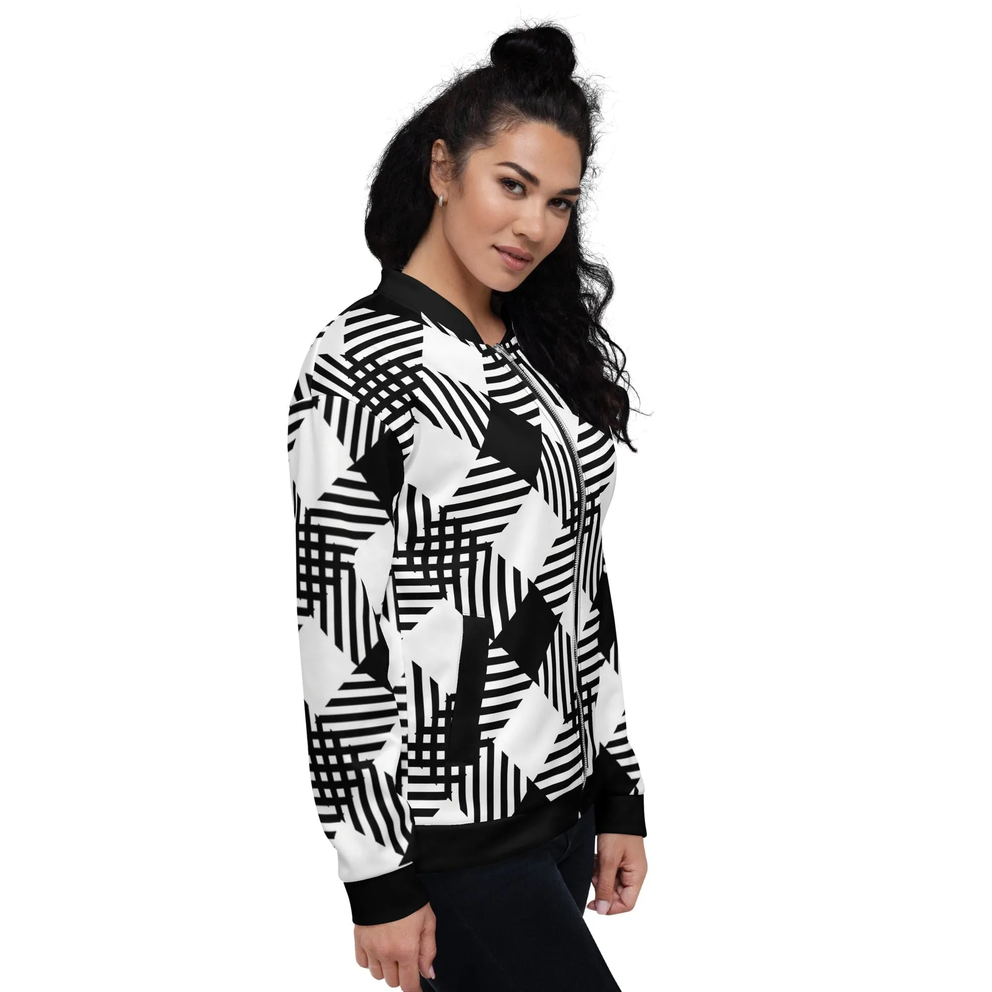 Womens Bomber Jacket - Black and White Plaid Print