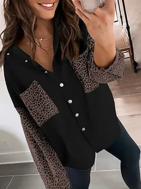 Women's Long Sleeve Pocket Leopard Print Lapel Cardigan Top