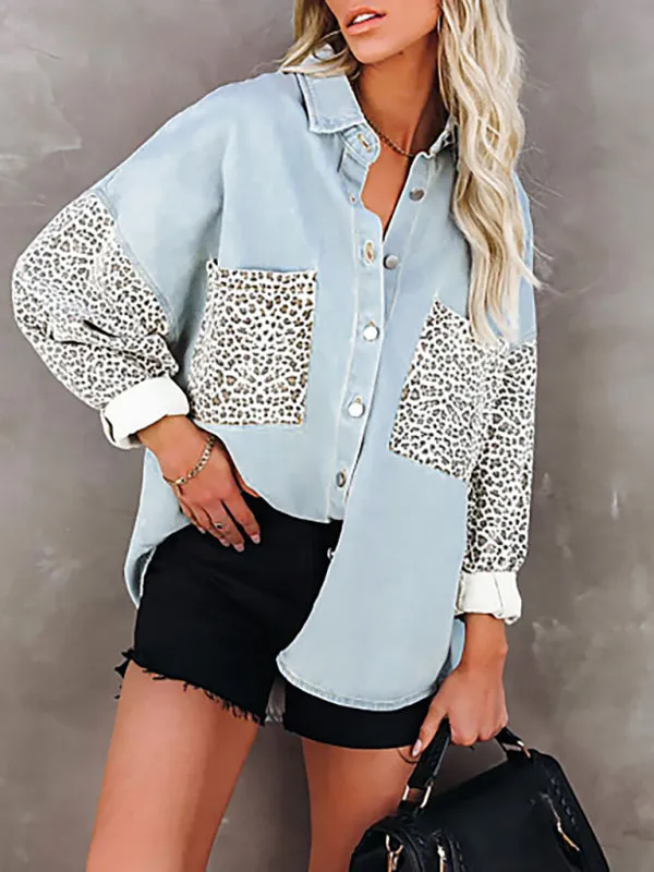 Women's Long Sleeve Pocket Leopard Print Lapel Cardigan Top