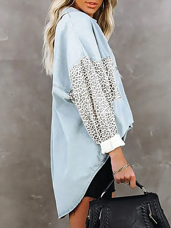 Women's Long Sleeve Pocket Leopard Print Lapel Cardigan Top