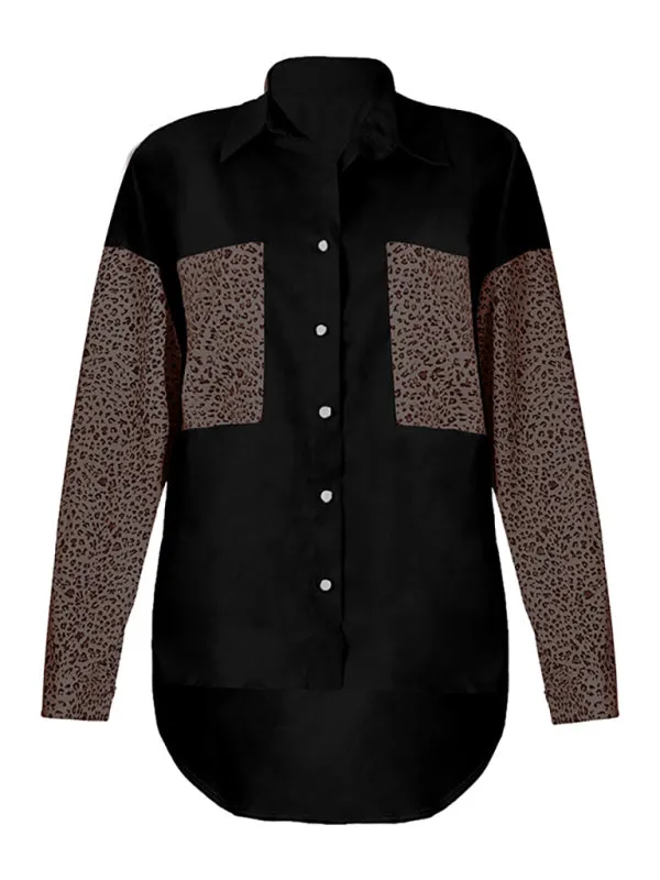 Women's Long Sleeve Pocket Leopard Print Lapel Cardigan Top