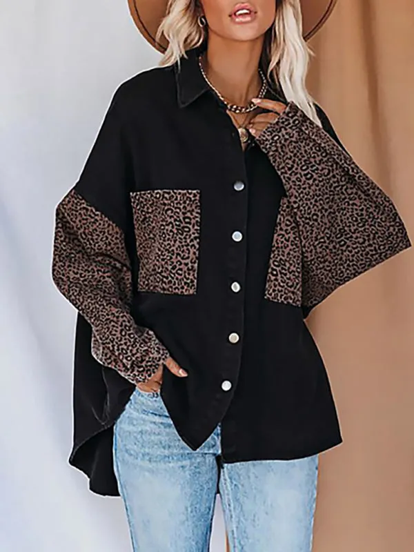 Women's Long Sleeve Pocket Leopard Print Lapel Cardigan Top