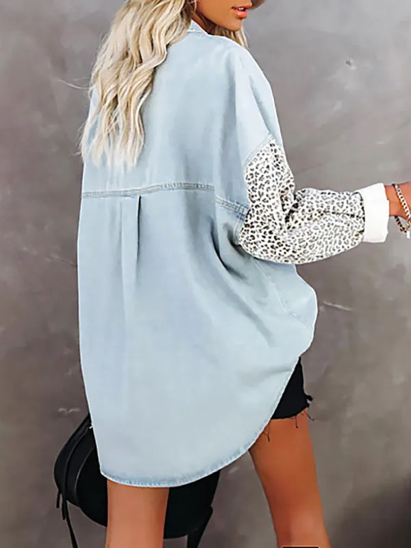 Women's Long Sleeve Pocket Leopard Print Lapel Cardigan Top