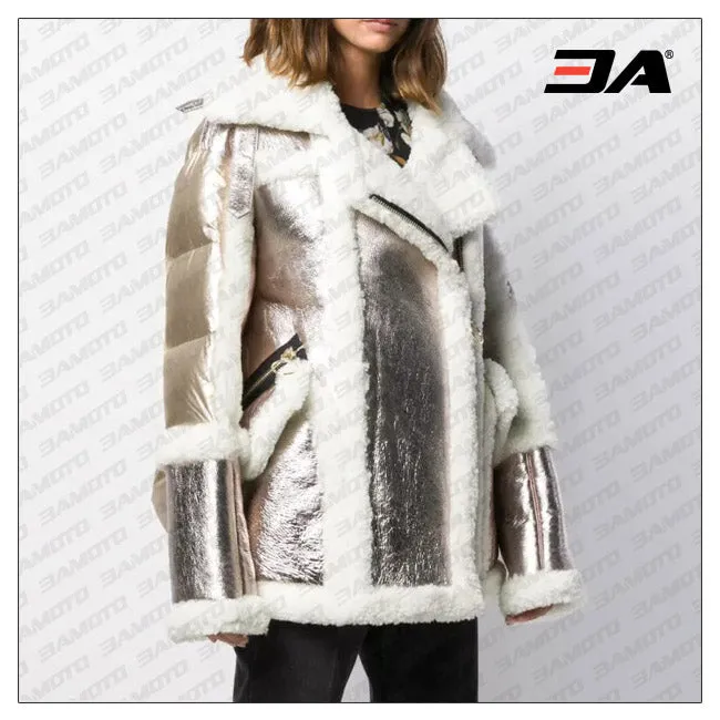 Womens Metallic Puffer Shearling Coat