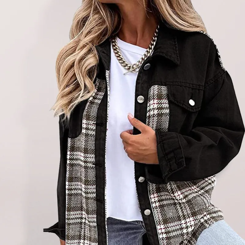 Women's Plaid Patchwork Denim Jacket